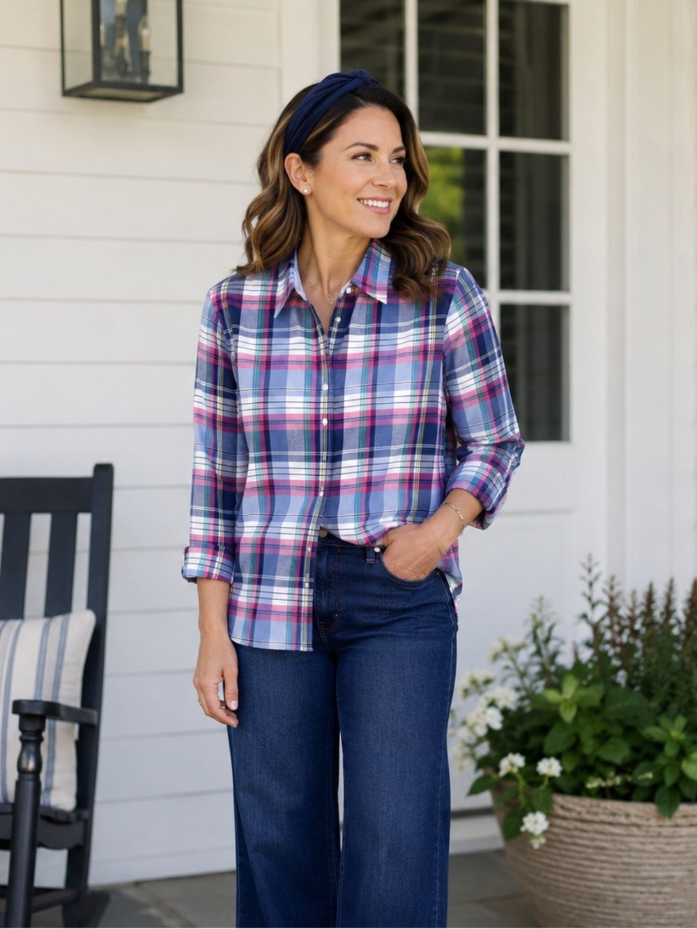 Chaps Shirt Womens Petite XL Multicolor Plaid NO IRON Long Sleeve Button Front